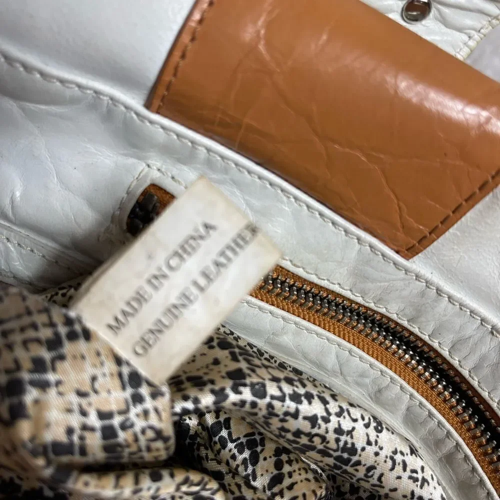Steven by Steve Madden leather off white and tan satchel silver tone hardwares